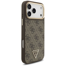 Заредете изображение във визуализатора на галерията – GUESS case for IPHONE 17 Pro Max compatible with MagSafe GUHMP17XP4GTDGMW (4G PU W/ Triangle Logo) gold brown
