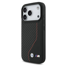 Заредете изображение във визуализатора на галерията – BMW case for IPHONE 17 Pro compatible with MagSafe BMHMP17L25PCCSCKR (PU Carbon Line &amp; Logo) red
