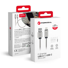 Заредете изображение във визуализатора на галерията – FORCELL F-ENERGY Metal C234 cable USB A to Type C QC4.0A 3A 66W 2 m silver
