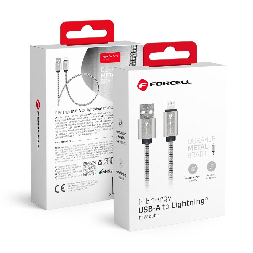 FORCELL cable USB to iPhone Lightning 8-pin 2,4A 12W Metal C236 1m silver