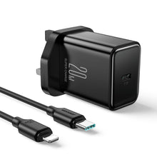 Заредете изображение във визуализатора на галерията – Joyroom JR-TCF06 USB-C PD 20W wall charger with UK plug - black + USB-C / Lightning cable
