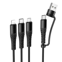 Заредете изображение във визуализатора на галерията – Cable 3in1 USB C / USB A to Lightning + USB C + Micro USB Hoco 1 m X123 black
