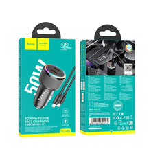Заредете изображение във визуализатора на галерията – HOCO car charger 2 x Type C QC PD 50W + cable Type C to Lightning NZ14B black
