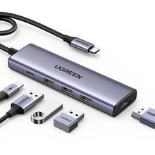 Заредете изображение във визуализатора на галерията – HUB Ugreen CM511 15597 5in1 USB-C - USB-C PD / HDMI / 3x USB-A 3.0 - gray
