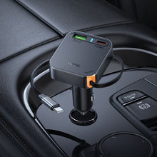 Заредете изображение във визуализатора на галерията – Car charger Hoco wit retractable cable 2 x USB C + USB A QC PD 65W NZ18 black
