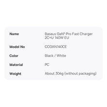 Заредете изображение във визуализатора на галерията – Baseus GaN5 Pro fast charger 2xUSB-C + USB 140W EU black (CCGP100201)
