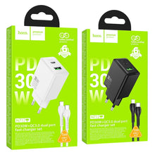 Заредете изображение във визуализатора на галерията – HOCO wall charger USB A + Type C + cable Type C to Type C 60W PD QC3.0 AFC 3A 30W N71 white
