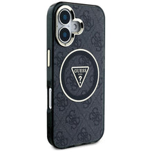 Заредете изображение във визуализатора на галерията – GUESS case for IPHONE 16 compatible with MagSafe GUHMP16SHG4PRTGK (IML Metal Glitter 4G Circle Triangle) black
