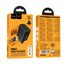 Заредете изображение във визуализатора на галерията – Phone charger Hoco 2x USB C + USB A QC3.0 PD 3A 65W + data cable USB C to USB C N75 black
