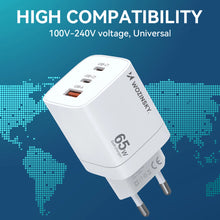 Заредете изображение във визуализатора на галерията – Wozinsky CGWCW 65W USB-A / 2 x USB-C GaN wall charger - white
