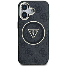 Заредете изображение във визуализатора на галерията – GUESS case for IPHONE 16 compatible with MagSafe GUHMP16SHG4PRTGK (IML Metal Glitter 4G Circle Triangle) black

