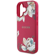Заредете изображение във визуализатора на галерията – GUESS case for IPHONE 16 compatible with MagSafe GUHMP16SPGNMPLMF (PU Grained Flowers Classic Logo) fuschia
