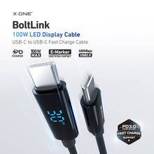Заредете изображение във визуализатора на галерията – X-ONE BoltLink LED Display data cable - type C to C - max 100W 1,5 m black
