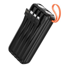 Заредете изображение във визуализатора на галерията – Powerbank Hoco 20000 mAh 2A with built-in cables USB A + USB C+ Lightning + Micro USB and double light J151A black
