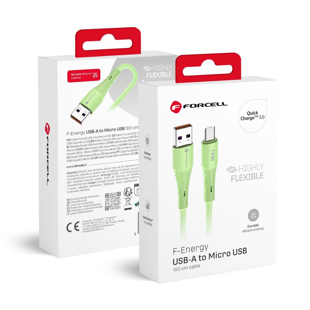 FORCELL F-ENERGY C341 cable USB A to Micro USB QC3.0 2,4A 18W Silicone 1 m green