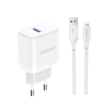 Заредете изображение във визуализатора на галерията – Dudao A20EU USB-A 18W wall charger - white + USB-A - Lightning cable
