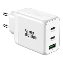 Заредете изображение във визуализатора на галерията – Silver Monkey GaN 65W wall charger 2x USB-C PD 1x USB-A QC 3.0 - white
