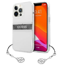 Заредете изображение във визуализатора на галерията – Guess GUHCP13LKB4GGR iPhone 13 Pro / 13 6,1" Transparent hardcase 4G Grey Strap Charm
