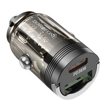 Заредете изображение във визуализатора на галерията – Borofone Car charger BZ29A Talented - USB + Type C - QC 3.0 PD 36W 3A transparent-black
