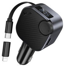 Заредете изображение във визуализатора на галерията – Car charger Hoco QC3.0 PD 45W with retractable cable and FM transmitter E167 black
