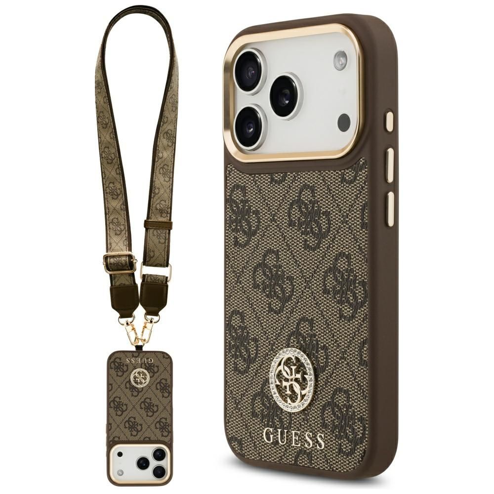 GUESS case for IPHONE 17 Pro compatible with MagSafe GUHMP17LP4G4DCSW (PU W/ Strass Logo & Big Strap Metal Buttons) brown