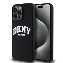 Заредете изображение във визуализатора на галерията – DKNY case for IPHONE 14 Pro Max compatible with MagSafe DKHMP14XSNYACH (DKNY HC MagSafe Silicone W/White Arch Logo) black
