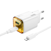 Заредете изображение във визуализатора на галерията – HOCO wall charger USB A + Type C + cable Type C to Lightning PD QC3.0 3A 20W N52 white
