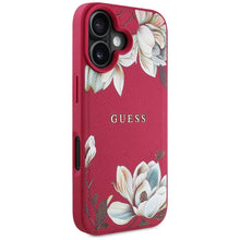 Заредете изображение във визуализатора на галерията – GUESS case for IPHONE 16 compatible with MagSafe GUHMP16SPGNMPLMF (PU Grained Flowers Classic Logo) fuschia
