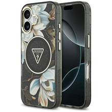 Заредете изображение във визуализатора на галерията – GUESS case for IPHONE 17 compatible with MagSafe GUHMP17SHFLPEDK (IML Metal Glitter Flowers Triangle) black
