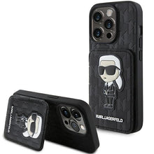 Заредете изображение във визуализатора на галерията – Karl Lagerfeld Saffiano Cardslots and Stand Monogram Ikonik Patch case for iPhone 15 Pro - black

