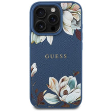 Заредете изображение във визуализатора на галерията – GUESS case for IPHONE 16 Pro Max compatible with MagSafe GUHMP16XPGNMPLMB (PU Grained Flowers Classic Logo) blue
