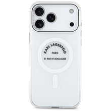 Заредете изображение във визуализатора на галерията – KARL LAGERFELD case for IPHONE 17 Pro Max compatible with MagSafe KLHMP17XHKRSGPT (IML Karl RSG Logo) transparent
