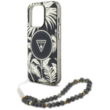 Заредете изображение във визуализатора на галерията – GUESS case for IPHONE 16 Pro compatible with MagSafe GUHMP16LHPCTPLSK (IML Palm Trees Triangle W/ Pearl Strap) black
