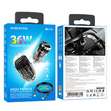 Заредете изображение във визуализатора на галерията – Borofone Car charger BZ29A Talented - USB + Type C - QC 3.0 PD 36W 3A with Type C to Type C transparent-black

