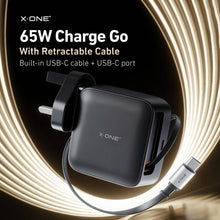 Заредете изображение във визуализатора на галерията – Travel charger X-ONE ChargeGo GaN 65W with retractable cable and USB C port - black
