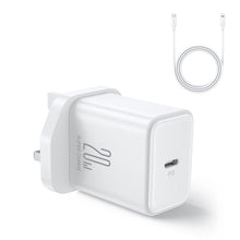 Заредете изображение във визуализатора на галерията – Joyroom JR-TCF06 USB-C PD 20W wall charger with UK plug - white + USB-C / Lightning cable
