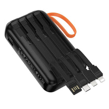 Заредете изображение във визуализатора на галерията – Powerbank Hoco 10000 mAh with built-in cables USB A + USB C+ Lightning + Micro USB and double light J151 black
