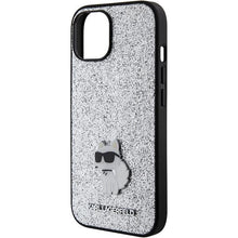 Заредете изображение във визуализатора на галерията – Karl Lagerfeld Fixed Glitter Choupette Logo Metal Pin case for iPhone 15 - silver
