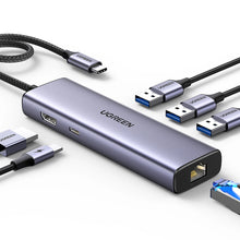 Заредете изображение във визуализатора на галерията – HUB Ugreen CM512 15598 6in1 USB-C - 3x USB-A 3.0 / HDMI / RJ45 / USB-C PD - gray

