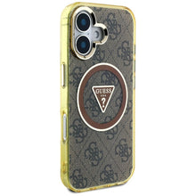 Заредете изображение във визуализатора на галерията – GUESS case for IPHONE 16 compatible with MagSafe GUHMP16SHG4PRTGW (IML Metal Glitter 4G Circle Triangle) brown
