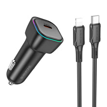 Заредете изображение във визуализатора на галерията – Borofone Car charger BZ28 Trophie - Type C - PD 30W 3A with Type C to Lightning cable black
