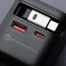 Заредете изображение във визуализатора на галерията – FORCELL F-ENERGY GaN III VT-R7 travel charger with retractable cable Type C and 1x Type C, 1x USB A charging ports PD QC4.0 3A 70W gray
