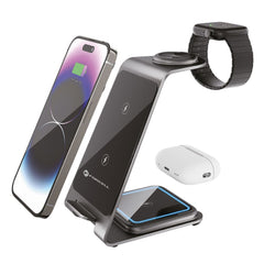 Алуминиево безжично зарядно Forcell F-Energy 3in1 Simply Charge за Apple Watch и Samsung Watch - сиво