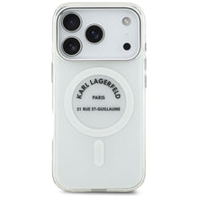 Заредете изображение във визуализатора на галерията – KARL LAGERFELD case for IPHONE 17 Pro compatible with MagSafe KLHMP17LHKRSGPT (IML Karl RSG Logo) transparent

