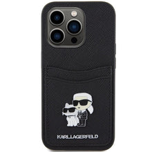 Заредете изображение във визуализатора на галерията – Karl Lagerfeld Saffiano Cardslot Karl&amp;Choupette Metal Pin case for iPhone 15 Pro - black
