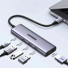 Заредете изображение във визуализатора на галерията – HUB Ugreen CM511 15597 5in1 USB-C - USB-C PD / HDMI / 3x USB-A 3.0 - gray
