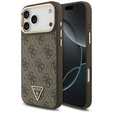 Заредете изображение във визуализатора на галерията – GUESS case for IPHONE 17 Pro Max compatible with MagSafe GUHMP17XP4GTDGMW (4G PU W/ Triangle Logo) gold brown
