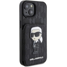 Заредете изображение във визуализатора на галерията – Karl Lagerfeld Saffiano Cardslots and Stand Monogram Ikonik Patch case for iPhone 15 - black
