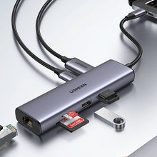 Заредете изображение във визуализатора на галерията – Ugreen CM512 90568 USB-C adapter - 2x USB-A 3.0 / HDMI / RJ45 / SD and TF card reader / USB-C PD 100W - gray
