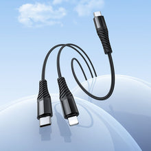 Заредете изображение във визуализатора на галерията – Cable 2in1 USB C to USB C+Lightnig Hoco 1 m X123 black
